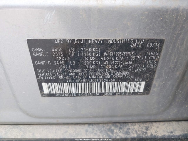 Aukcja sprzedaży 2015 Subaru Outback 2.5i Limited, vin: 4S4BSBJC6F3226750, numer aukcji: 45290695