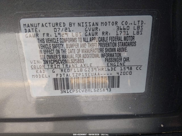 Aukcja sprzedaży 2021 Nissan Kicks Sv Xtronic Cvt, vin: 3N1CP5CV2ML525893, numer aukcji: 45290697