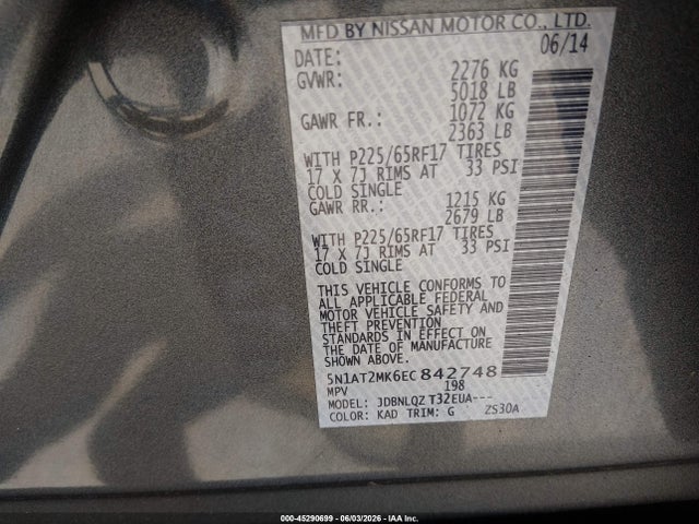 Aukcja sprzedaży 2014 Nissan Rogue Sv, vin: 5N1AT2MK6EC842748, numer aukcji: 45290699