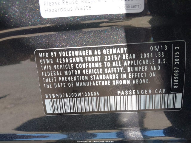 45290701 :رقم المزاد ، WVWHD7AJ0DW139605 vin ، 2013 Volkswagen Gti Drivers Edition مزاد بيع
