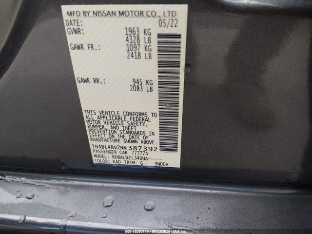 1N4BL4BV2NN387392 Nissan Altima S Fwd
