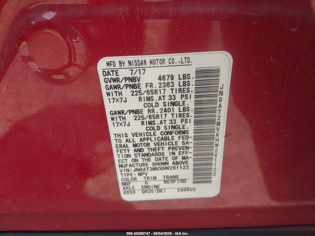 Aukcja sprzedaży 2017 Nissan Rogue Sv, vin: JN8AT2MVXHW281122, numer aukcji: 45290747