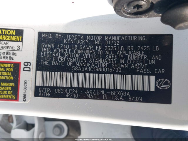 Aukcja sprzedaży 2022 Lexus Es 300h F Sport, vin: 58AGA1C19NU016790, numer aukcji: 45290748