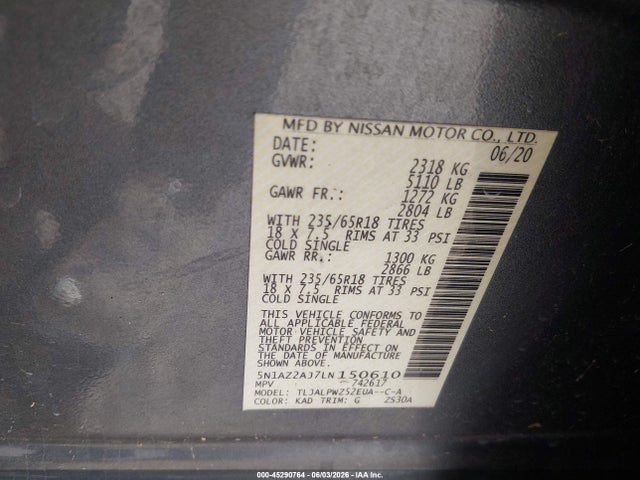 5N1AZ2AJ7LN150610 Nissan Murano S Fwd