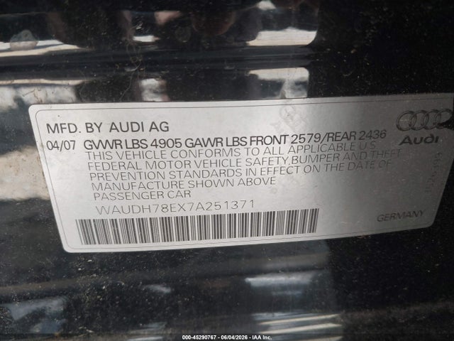 Продаж на аукціоні авто 2007 Audi A4 3.2, vin: WAUDH78EX7A251371, номер лоту: 45290767