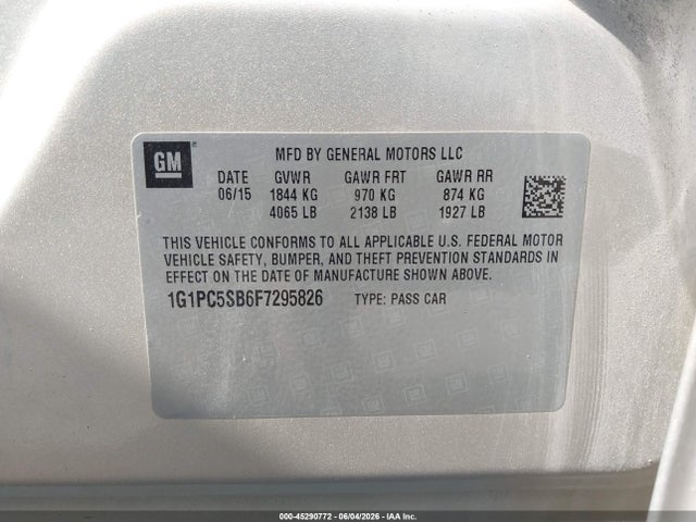 45290772 :رقم المزاد ، 1G1PC5SB6F7295826 vin ، 2015 Chevrolet Cruze 1lt Auto مزاد بيع