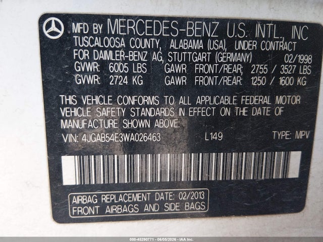 Продаж на аукціоні авто 1998 Mercedes-benz Ml 320 Classic, vin: 4JGAB54E3WA026463, номер лоту: 45290771