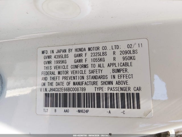 45290780 :رقم المزاد ، JH4CU2E66BC008789 vin ، 2011 Acura Tsx 2.4 مزاد بيع