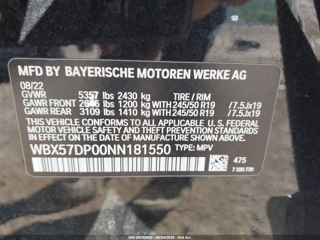 Aukcja sprzedaży 2022 Bmw X3 Xdrive30i, vin: WBX57DP00NN181550, numer aukcji: 45290800