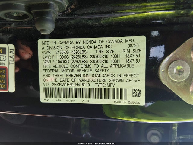 Aukcja sprzedaży 2020 Honda Cr-v 2wd Ex, vin: 2HKRW1H59LH418110, numer aukcji: 45290808