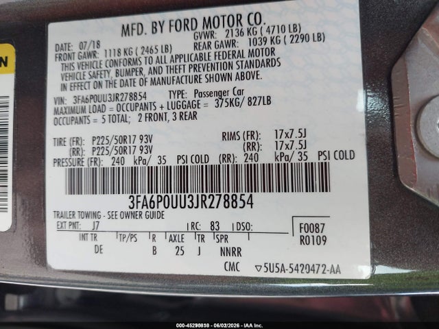 Aukcja sprzedaży 2018 Ford Fusion Hybrid S, vin: 3FA6P0UU3JR278854, numer aukcji: 45290810