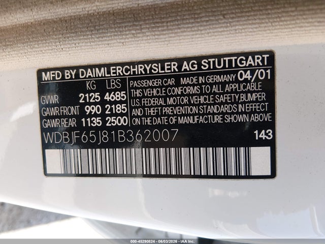 Продаж на аукціоні авто 2001 Mercedes-benz E 320, vin: WDBJF65J81B362007, номер лоту: 45290824