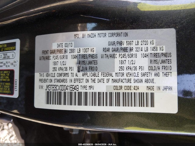 2013 Mazda Cx-9 Touring მანქანა იყიდება აუქციონზე, vin: JM3TB3CV0D0416949, აუქციონის ნომერი: 45290828