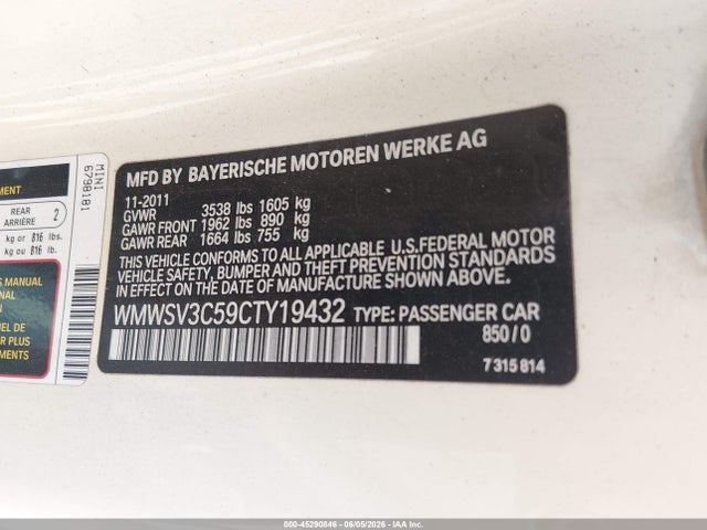 Продаж на аукціоні авто 2012 Mini Cooper S, vin: WMWSV3C59CTY19432, номер лоту: 45290846