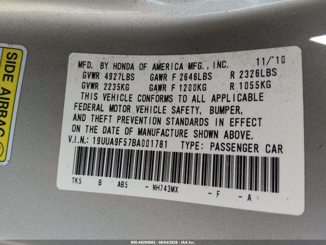 45290863 :رقم المزاد ، 19UUA9F57BA001781 vin ، 2011 Acura Tl 3.7 مزاد بيع