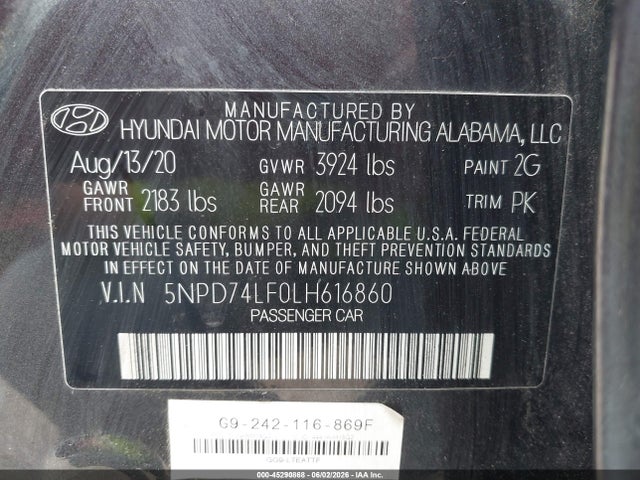Auction sale of the 2020 Hyundai Elantra Se, vin: 5NPD74LF0LH616860, lot number: 45290868