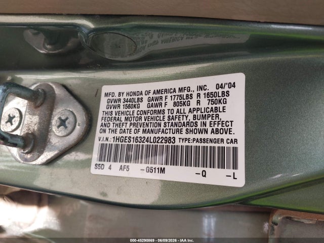 45290869 :رقم المزاد ، 1HGES16324L022983 vin ، 2004 Honda Civic Vp مزاد بيع