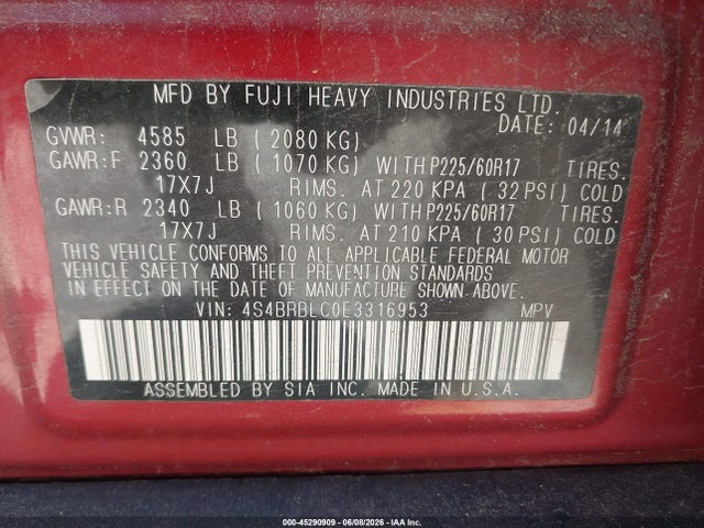 Aukcja sprzedaży 2014 Subaru Outback 2.5i Limited, vin: 4S4BRBLC0E3316953, numer aukcji: 45290909