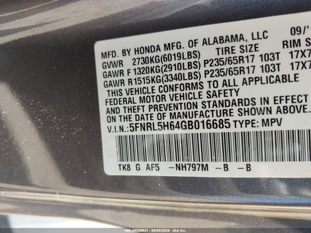 Продажа на аукционе авто 2016 Honda Odyssey Ex-l, vin: 5FNRL5H64GB016685, номер лота: 45290921
