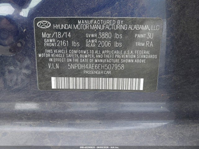 45290925 :رقم المزاد ، 5NPDH4AE6EH507958 vin ، 2014 Hyundai Elantra Limited مزاد بيع
