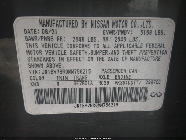 Продажа на аукционе авто 2021 Infiniti Q50 Luxe Awd, vin: JN1EV7BR0MM756215, номер лота: 45290933