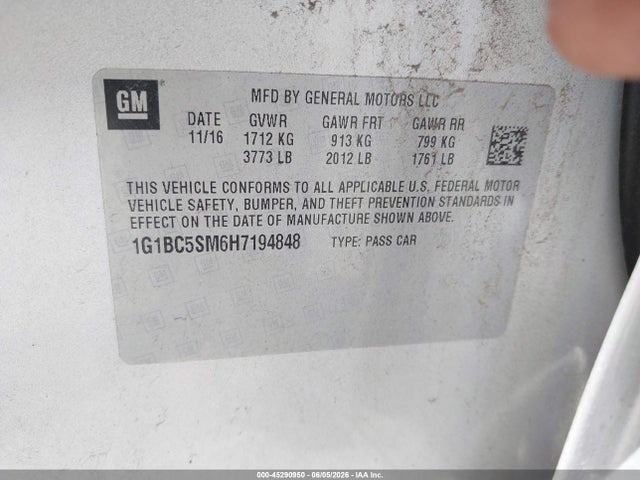 Продажа на аукционе авто 2017 Chevrolet Cruze Ls Auto, vin: 1G1BC5SM6H7194848, номер лота: 45290950
