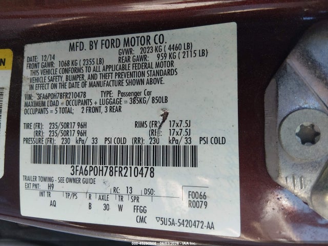 Продажа на аукционе авто 2015 Ford Fusion Se, vin: 3FA6P0H78FR210478, номер лота: 45290966