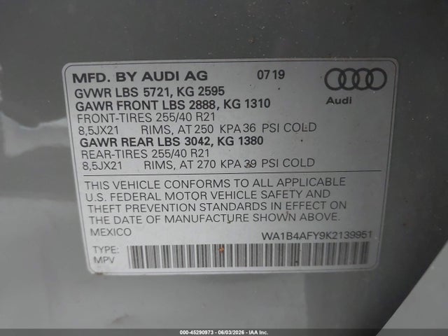 45290973 :رقم المزاد ، WA1B4AFY9K2139951 vin ، 2019 Audi Sq5 3.0t Premium مزاد بيع