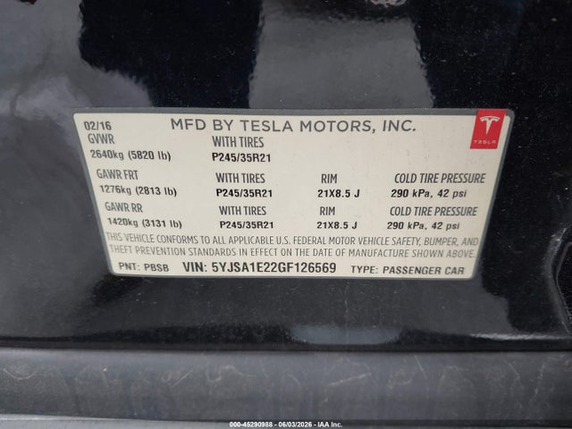 Tesla Model S 60d/70d/75d/85d/90d 2016 5YJSA1E22GF126569 Image 9
