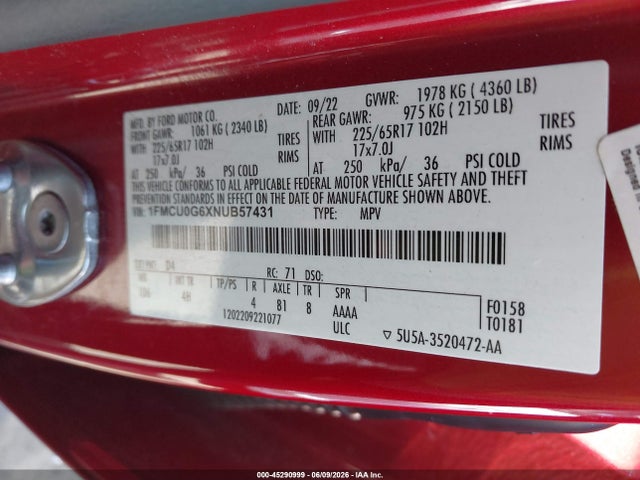 Ford ESCAPE SE 2022 1FMCU0G6XNUB57431 Image 9