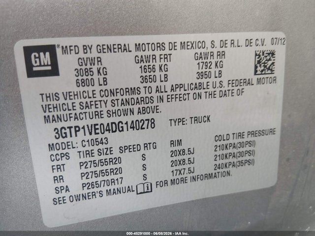 Продажа на аукционе авто 2013 Gmc Sierra 1500 Sle, vin: 3GTP1VE04DG140278, номер лота: 45291000