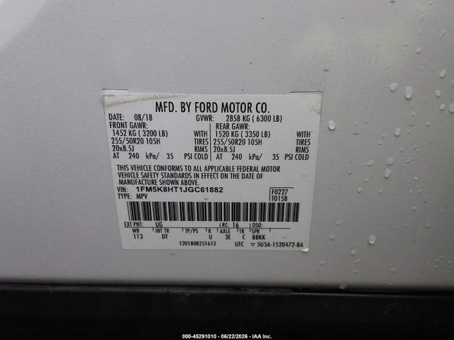 2018 Ford Explorer Platinum მანქანა იყიდება აუქციონზე, vin: 1FM5K8HT1JGC61882, აუქციონის ნომერი: 45291010