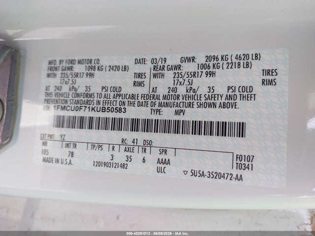 2019 Ford Escape S მანქანა იყიდება აუქციონზე, vin: 1FMCU0F71KUB50583, აუქციონის ნომერი: 45291012