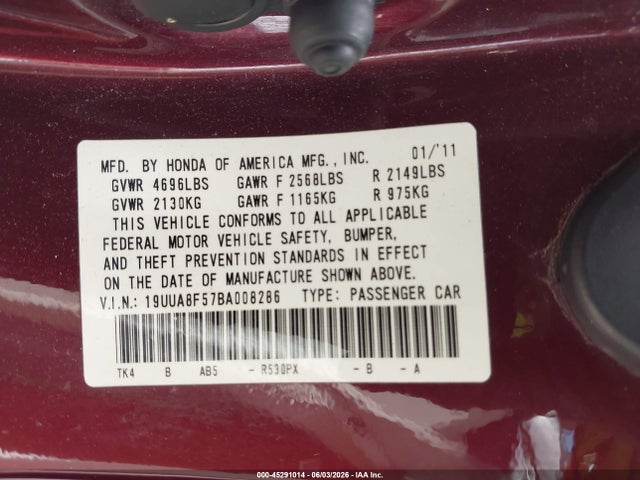 45291014 :رقم المزاد ، 19UUA8F57BA008286 vin ، 2011 Acura Tl 3.5 مزاد بيع