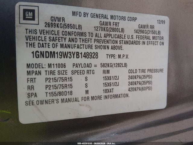Aukcja sprzedaży 2000 Chevrolet Astro, vin: 1GNDM19W3YB148928, numer aukcji: 45291030