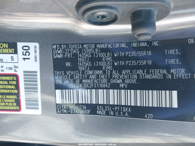 5TDDK3DC2FS116842 Toyota Sienna Xle Premium 7 Passenger