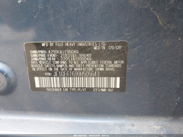 45291057 :رقم المزاد ، JF1GE61699H505643 vin ، 2009 Subaru Impreza 2.5i مزاد بيع