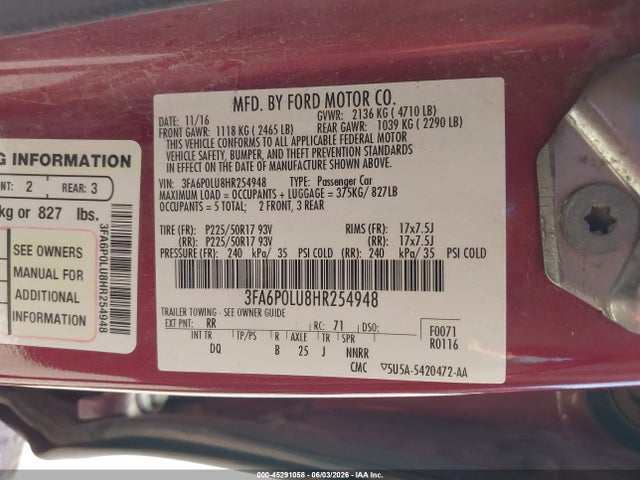 3FA6P0LU8HR254948 Ford Fusion Hybrid Se