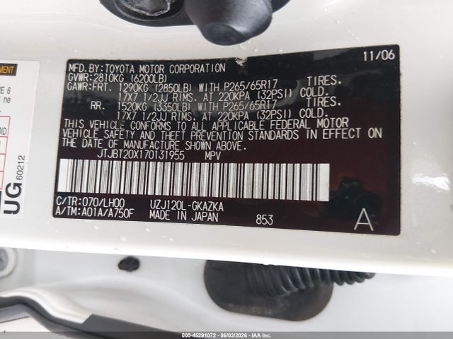 Aukcja sprzedaży 2007 Lexus Gx 470, vin: JTJBT20X170131955, numer aukcji: 45291072