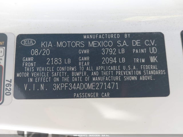 Aukcja sprzedaży 2021 Kia Forte Gt-line, vin: 3KPF34AD0ME271471, numer aukcji: 45291073