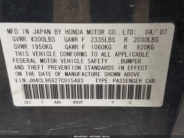 Продажа на аукционе авто 2007 Acura Tsx, vin: JH4CL96827C015483, номер лота: 45291081