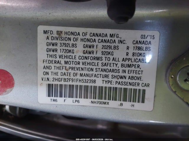 Aukcja sprzedaży 2015 Honda Civic Ex-l, vin: 2HGFB2F91FH532398, numer aukcji: 45291097