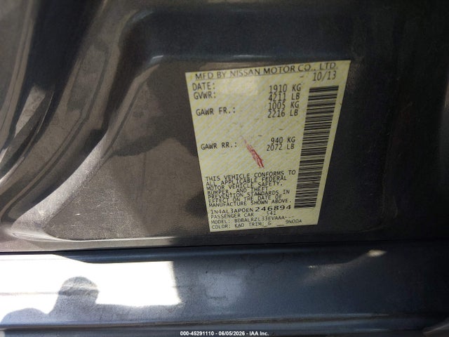 Aukcja sprzedaży 2014 Nissan Altima 2.5 S, vin: 1N4AL3AP0EN246894, numer aukcji: 45291110