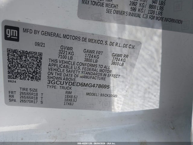 Продажа на аукционе авто 2021 Chevrolet Silverado 1500 4wd  Short Bed Lt, vin: 3GCUYDED6MG478695, номер лота: 45291126