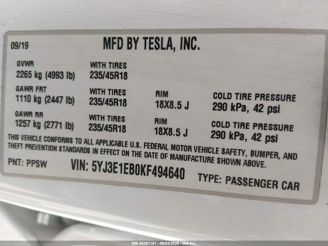 45291141 :رقم المزاد ، 5YJ3E1EB0KF494640 vin ، 2019 Tesla Model 3 Long Range/performance مزاد بيع