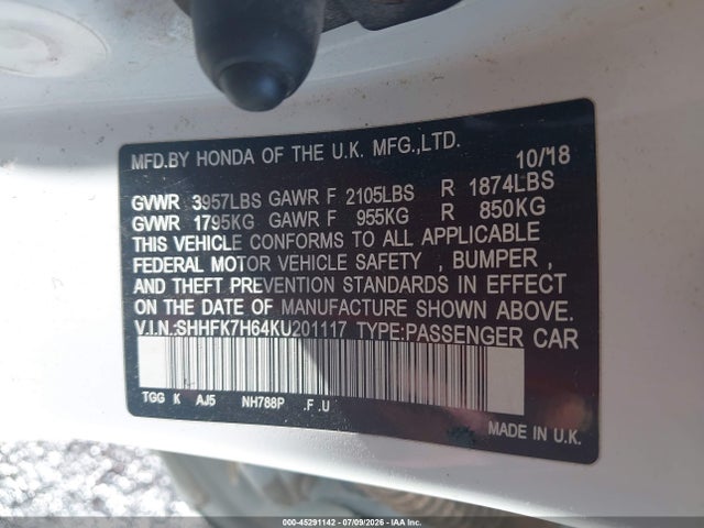 Aukcja sprzedaży 2019 Honda Civic Ex, vin: SHHFK7H64KU201117, numer aukcji: 45291142