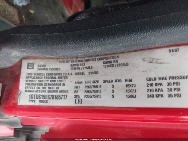 45291177 :رقم المزاد ، 1GTDS19E878185717 vin ، 2007 Gmc Canyon Sle1 مزاد بيع