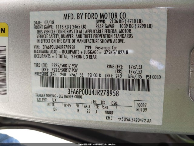 Aukcja sprzedaży 2018 Ford Fusion Hybrid S, vin: 3FA6P0UU4JR278958, numer aukcji: 45291181