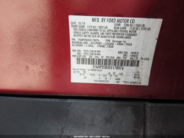Ford TAURUS SEL 2014 1FAHP2E83EG178076 Image 9