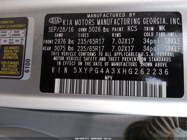 5XYPG4A3XHG262236 KIA Sorento 2.4l L